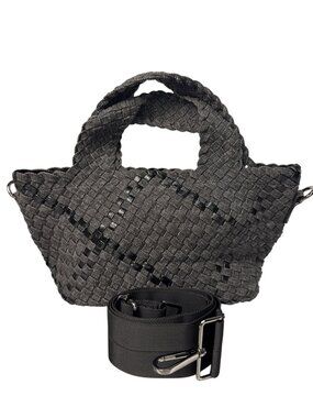 Haute Shore Mark Edge Black Woven Mini Tote Bag With Top Handles & Detachable St